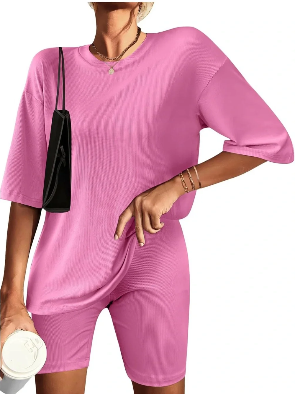 Women's Pink Ribbed Lounge Set - Comfortable Short Sleeve & Bike Shorts